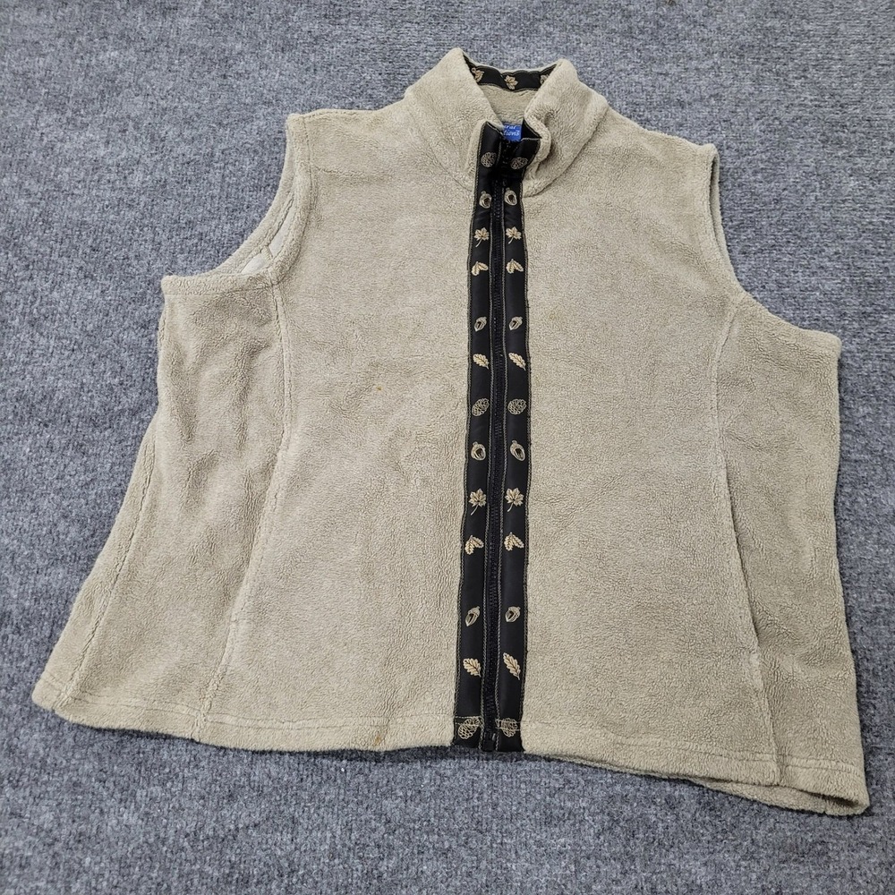 Natural Reflections Vest Womens XL Tan Fleece Full Zip Acorn Leaf Trim Outdoor